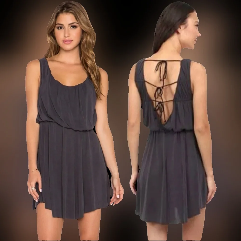 Free People charcoal new cupro true as love open tie back flowy mini dress L-1X - Picture 8 of 17